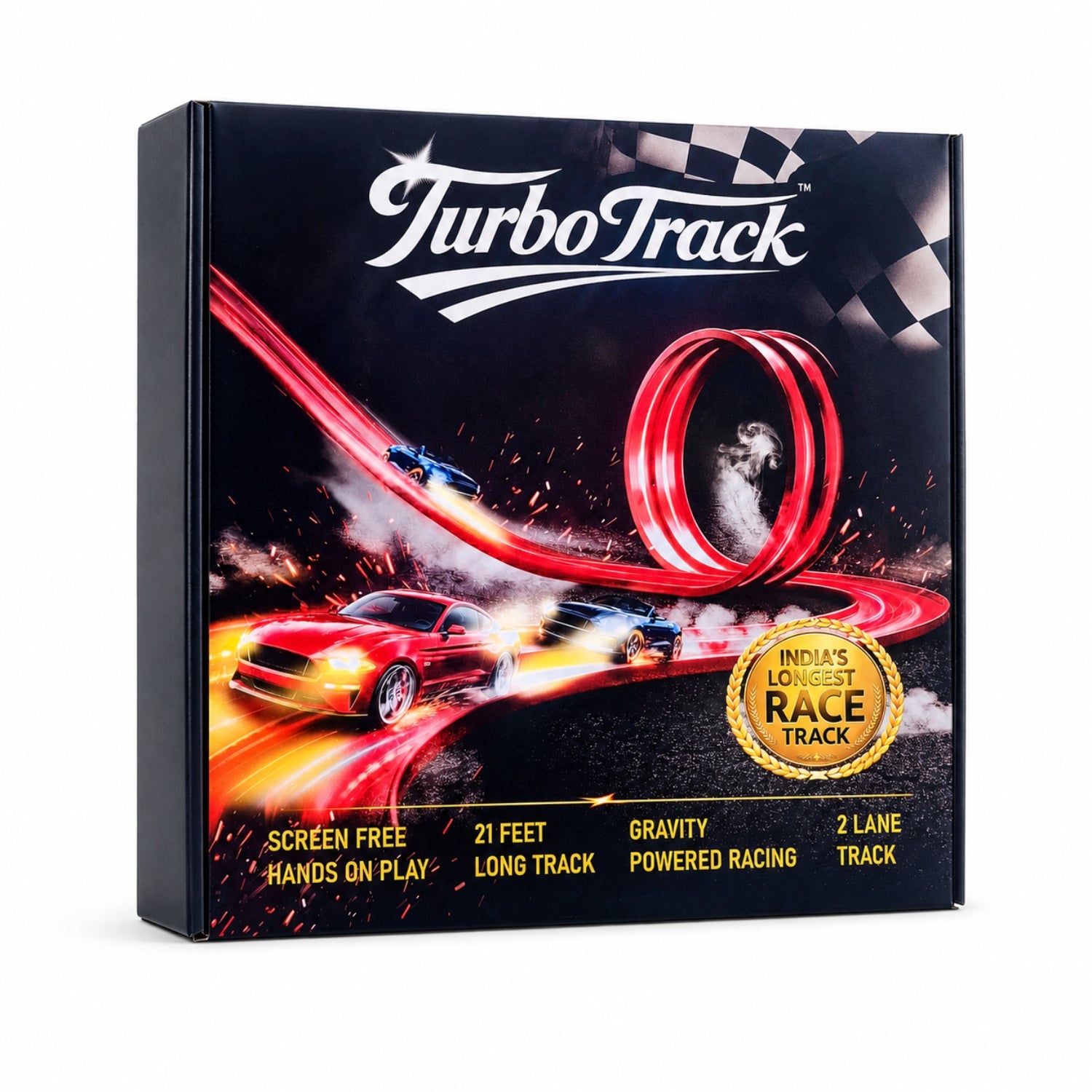 21 feet long, fully flexible, two laned Turbo Track | 2 surprise cars | 4 suction cups | 4 S shaped hooks | 1 Tote Bag