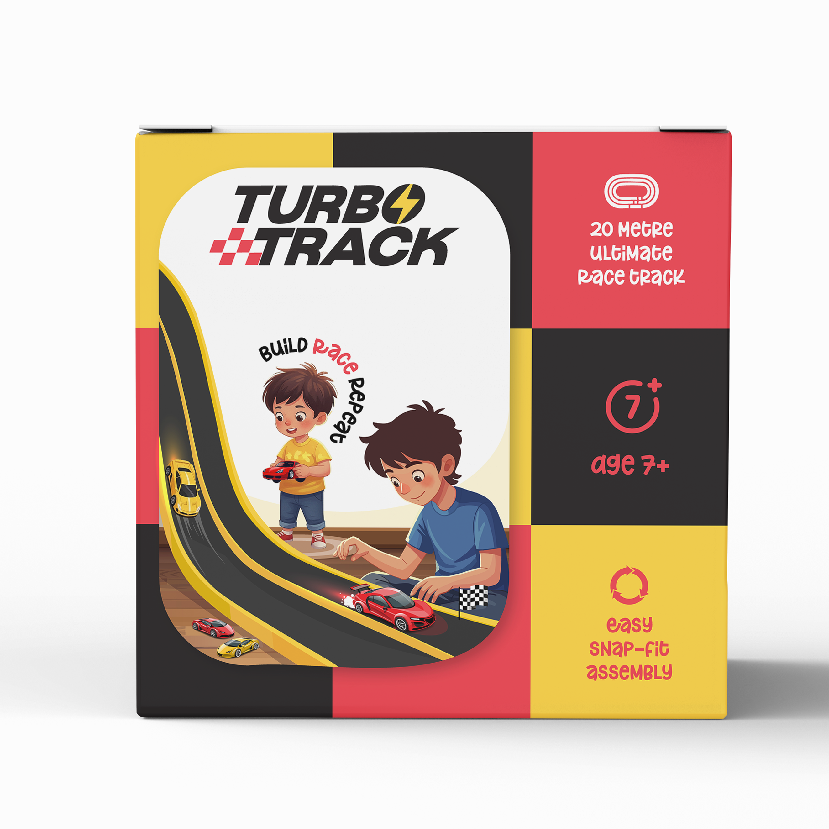 Turbo Track toy packaging with children playing with a race track on a white background
