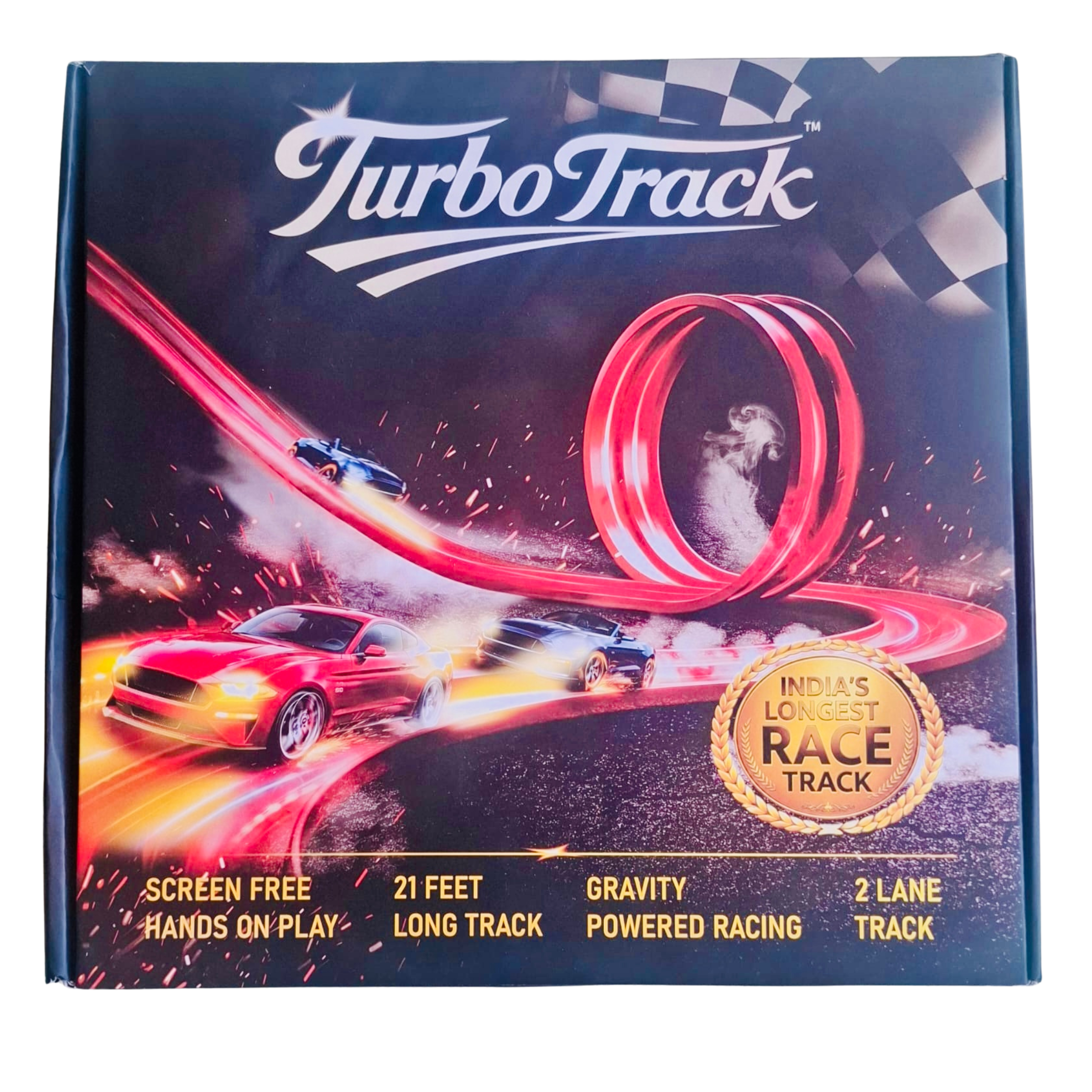 21 feet long, fully flexible, two laned Turbo Track | 2 surprise cars | 4 suction cups | 4 S shaped hooks | 1 Tote Bag