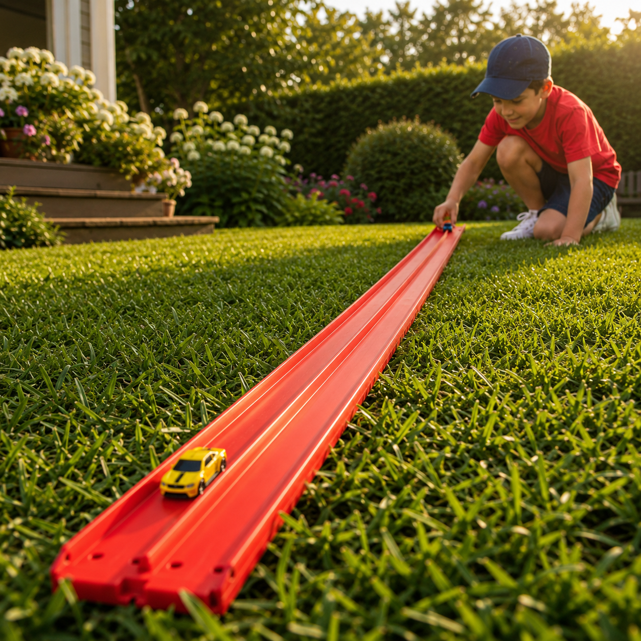 21 feet long, fully flexible, two laned Turbo Track | 2 surprise cars | 4 suction cups | 4 S shaped hooks | 1 Tote Bag