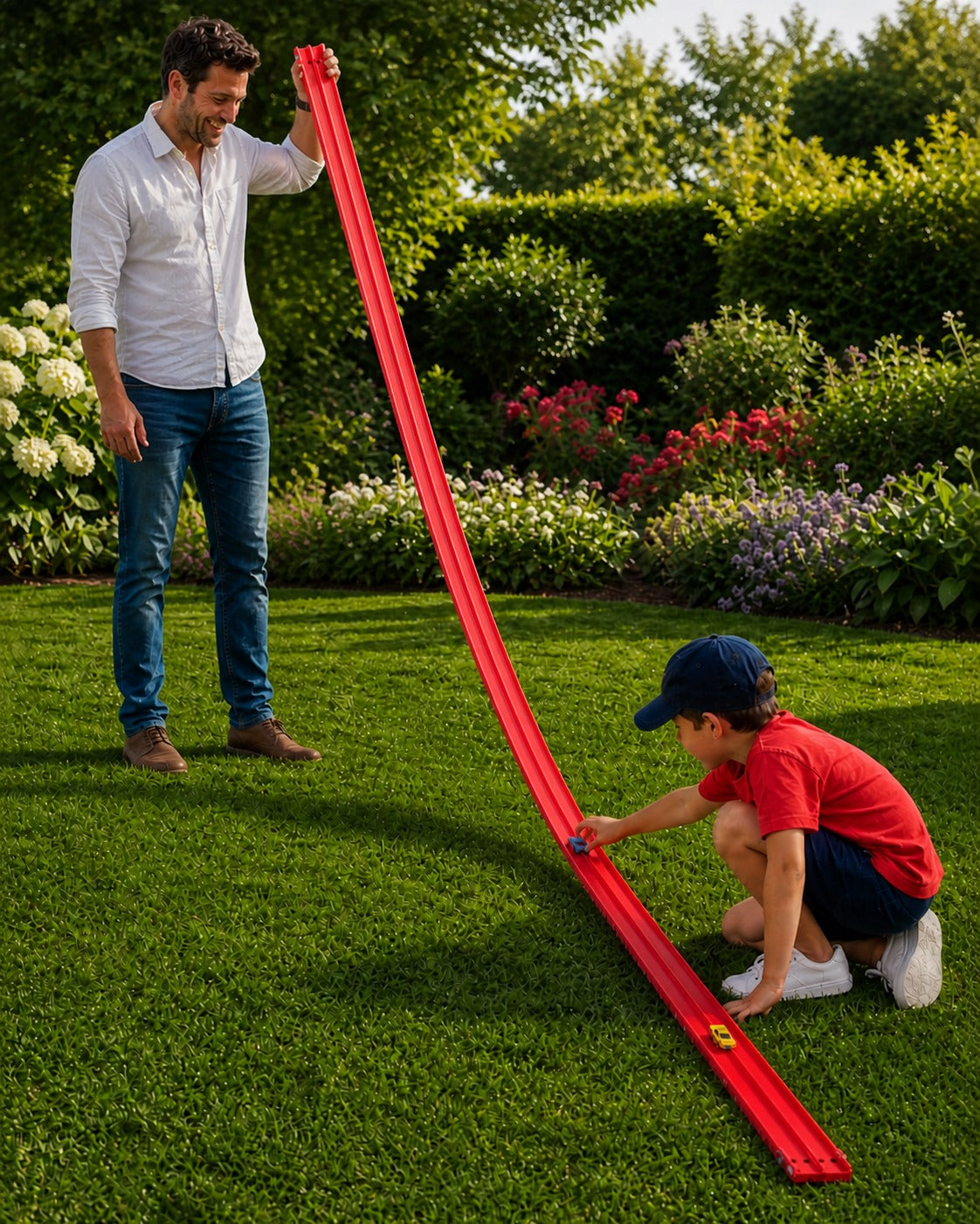 21 feet long, fully flexible, two laned Turbo Track | 2 surprise cars | 4 suction cups | 4 S shaped hooks | 1 Tote Bag